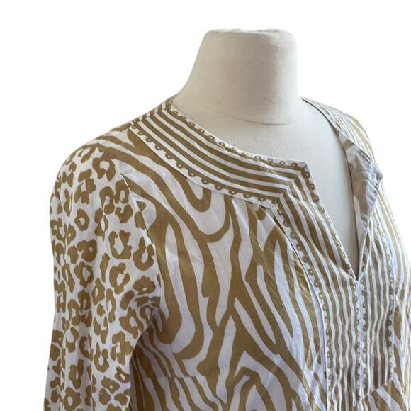 GRETCHEN SCOTT Tunic Womens Sz Small Tan Animal Print Safari Coastal Beach - Picture 2 of 9